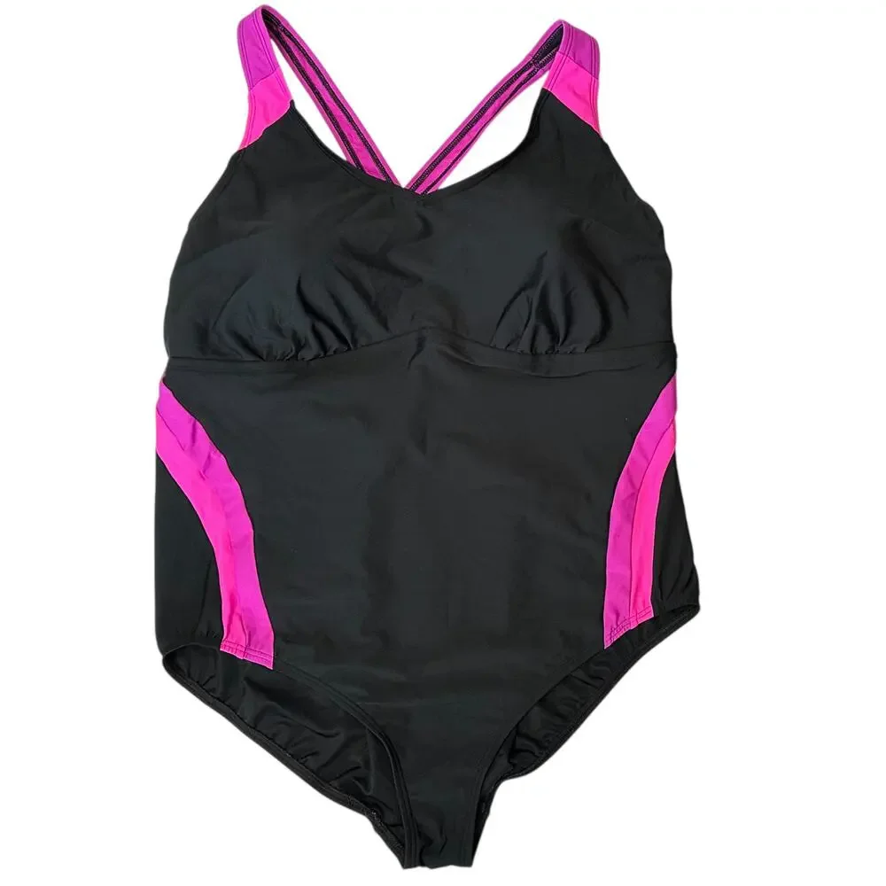 Lands' End Striped One Piece Swimsuit Black Pink Plus Size 24W